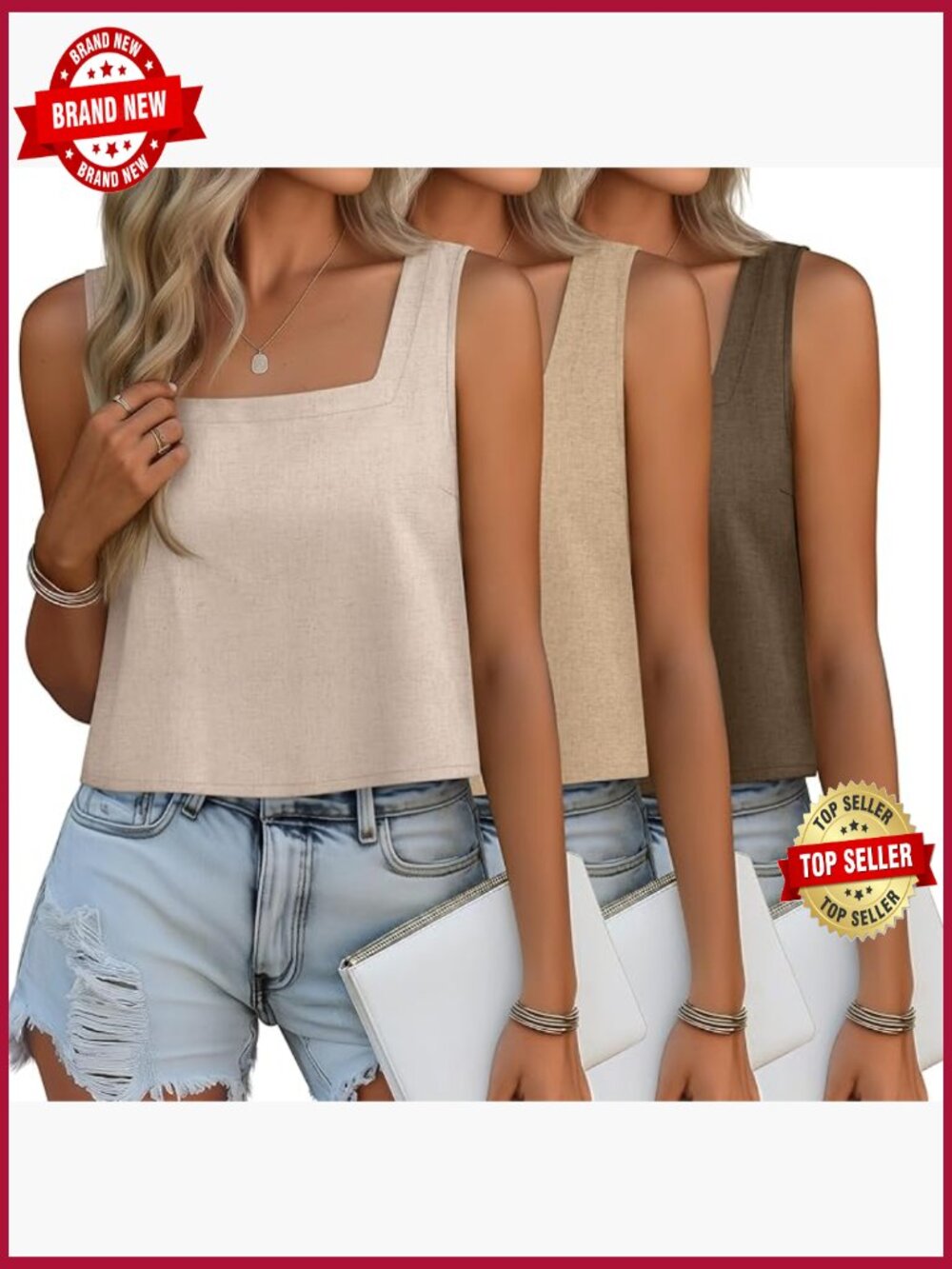 Women's Linen Cropped Tank Tops 3 Pack Sleeveless Square Neck Loose Fit